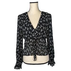 Lucy Paris Black Floral Pleated Tie Front Smock Blouse    Size: US M